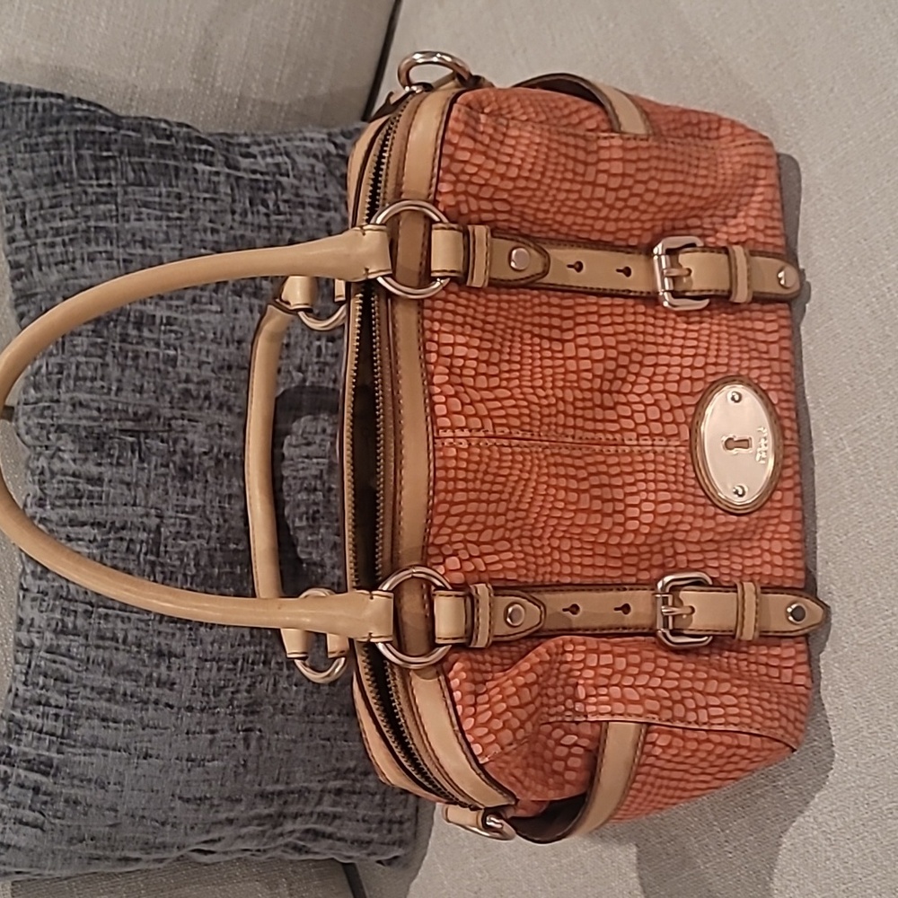 Fossil Maddox Leather Snake Embossed  light and dark pink salmon  Satchel Handba